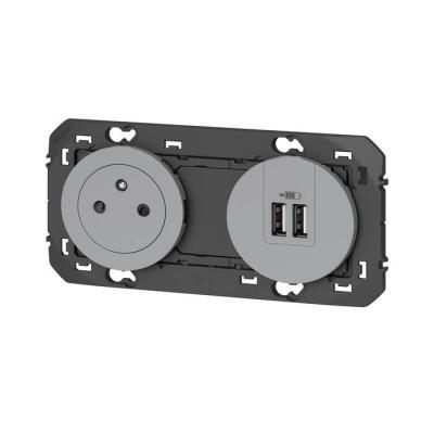  2P+T CHARGEUR USB 2POSTES ALU 