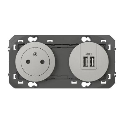  2P+T CHARGEUR USB 2POSTES ALU 