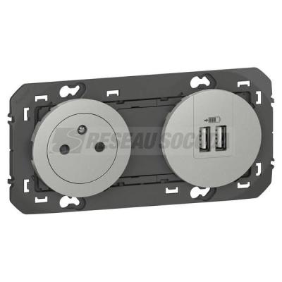  2P+T CHARGEUR USB 2POSTES ALU 