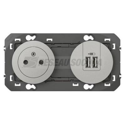  2P+T CHARGEUR USB 2POSTES ALU 